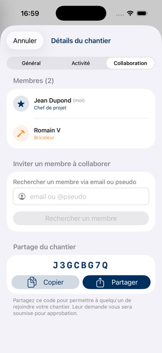 Capture d'écran Brikka : membres invités et code de partage d'un chantier