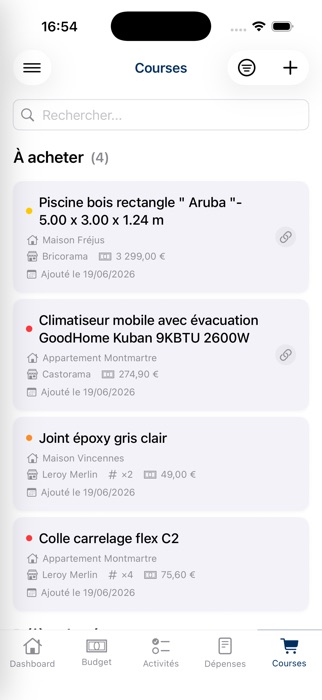 Capture d'écran Brikka : liste de courses avec prix et magasins associés