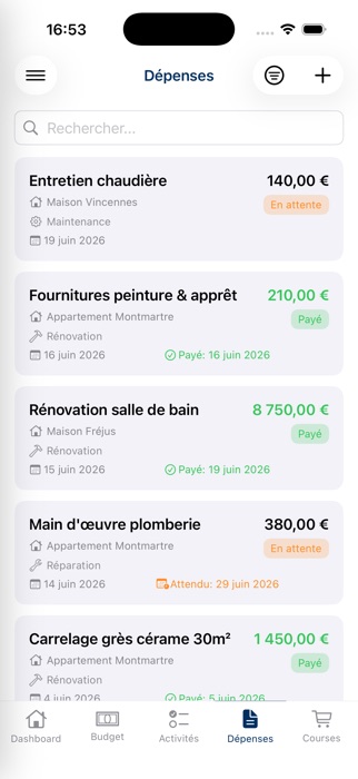 Capture d'écran Brikka : suivi des dépenses avec justificatifs et statut de paiement